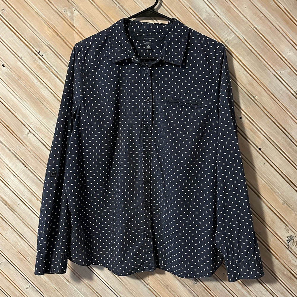 Tommy Hilfiger Dark Blue Polka Dot Button Down Dress Shirt Relaxed Fit